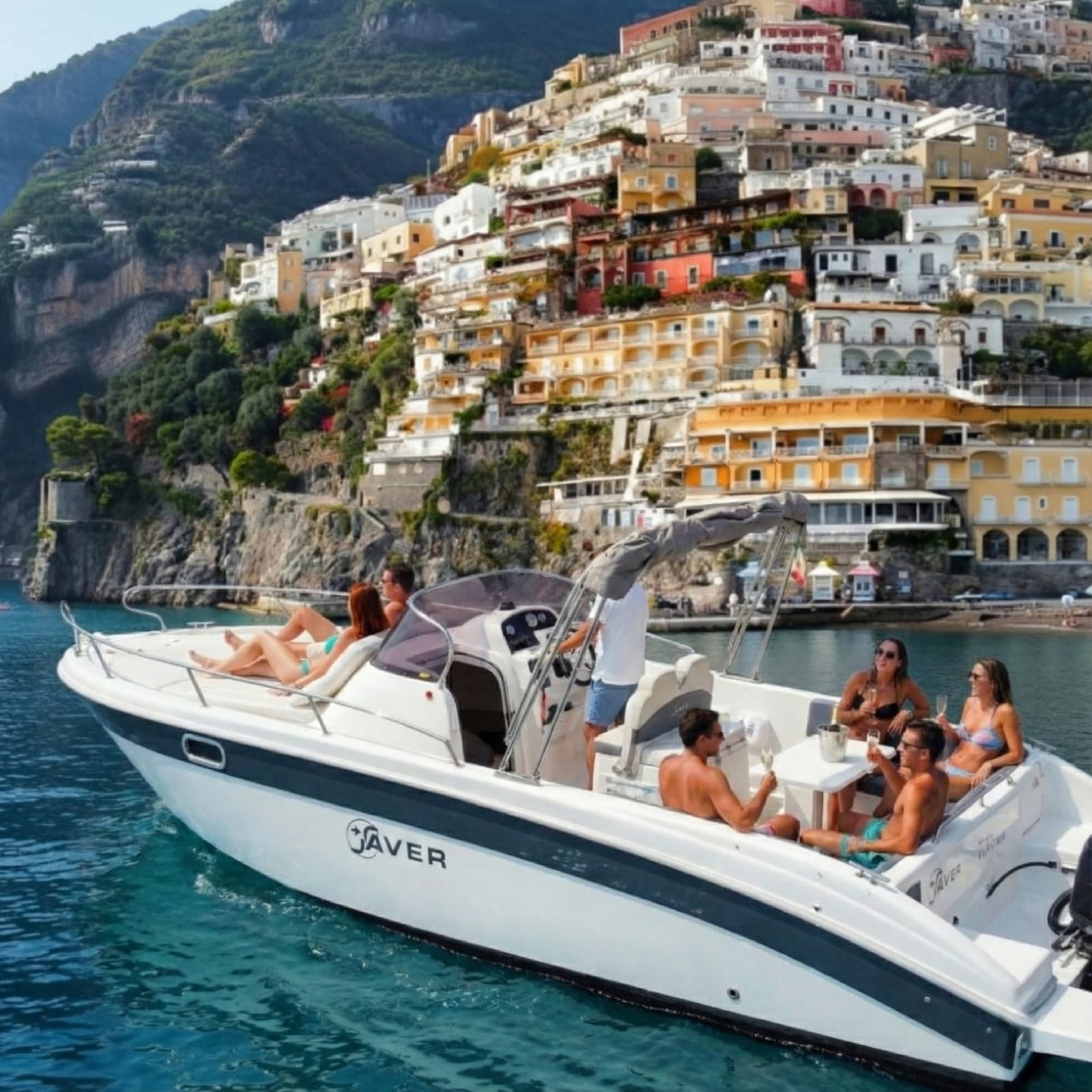 Barca con ospiti a bordo davanti al borgo di Positano